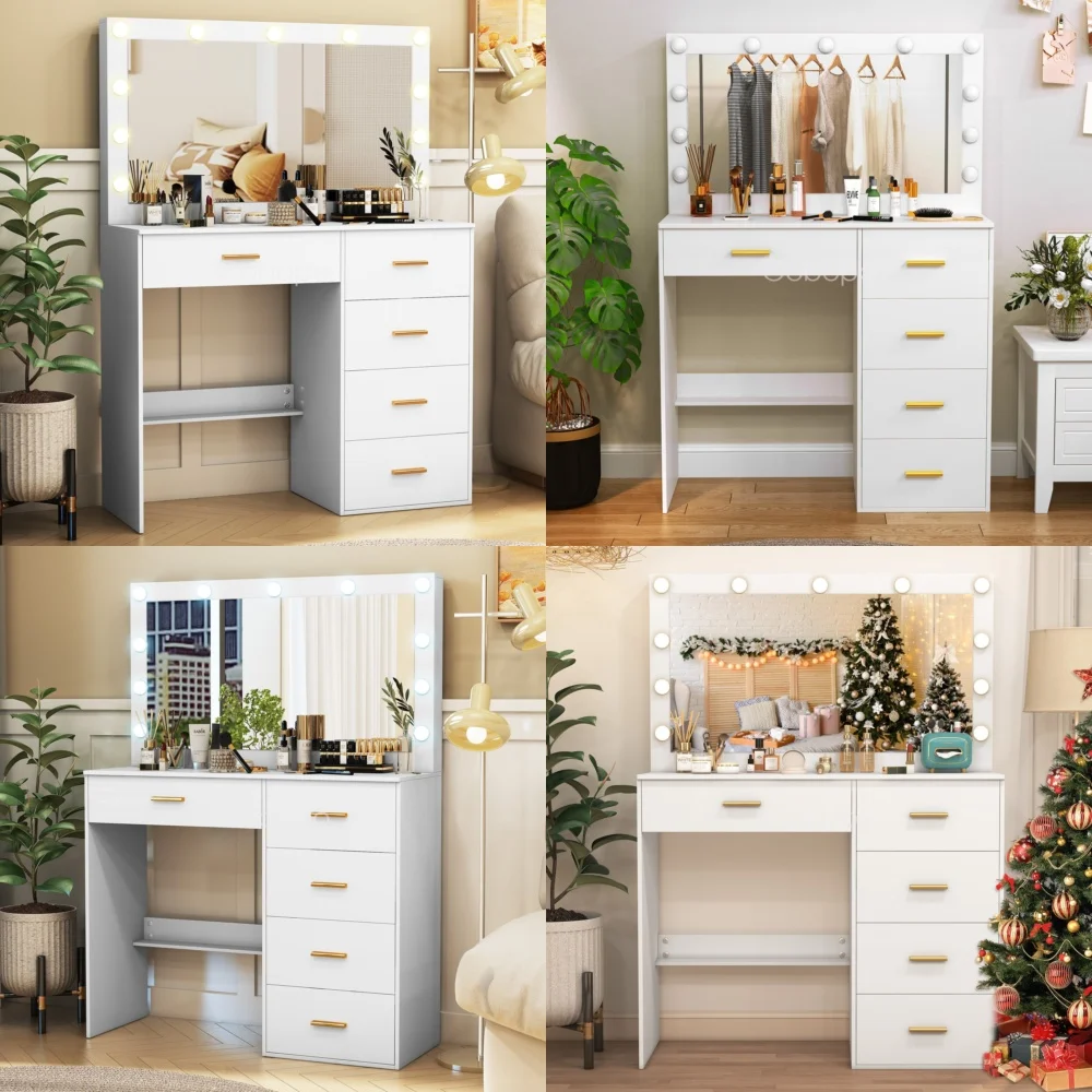 

Makeup VanitiesWhite Vanity Desk with LED Lighted Mirror and 5 Spacious Drawers for Makeup and Storage