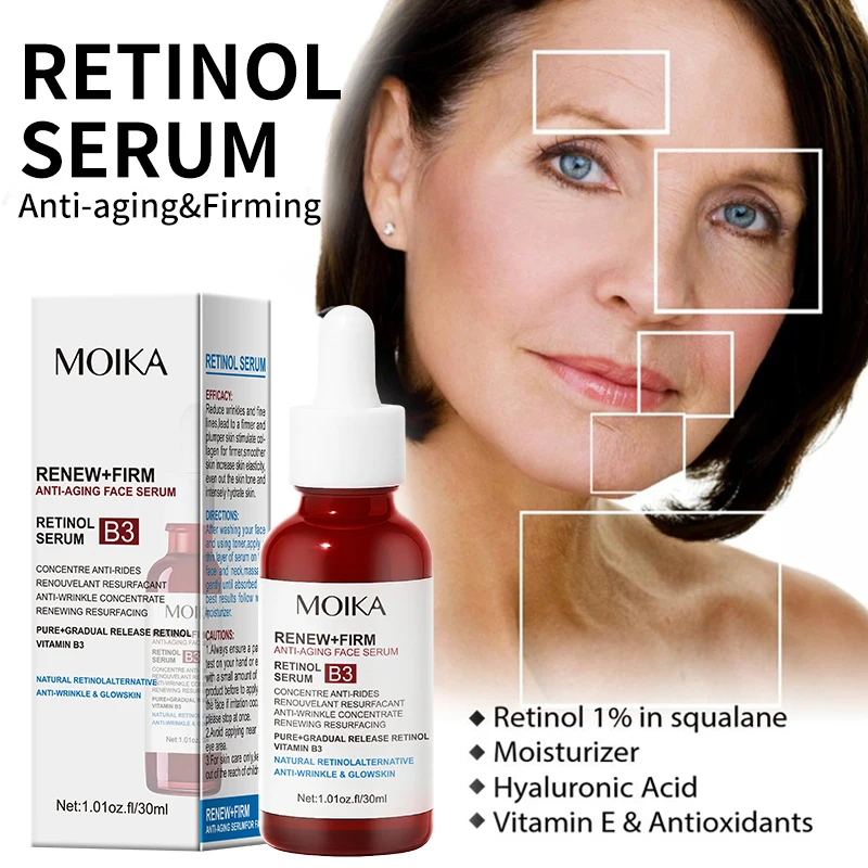 

Сыворотка для лица MOIKA Skincare с ретинолом и витамином B3 для борьбы с морщинами и предупреждения солнечных повреждений кожи.