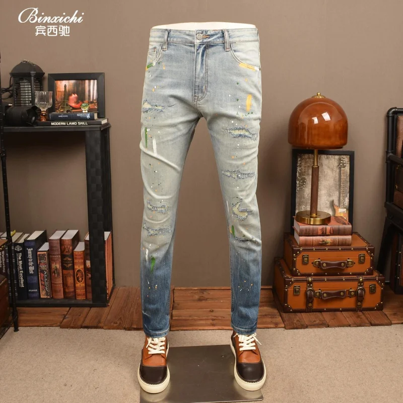 Men's Vintage Gradient Spray Painted Ripped Jeans Slim Fit Elastic Straight Leg Casual Denim Pants