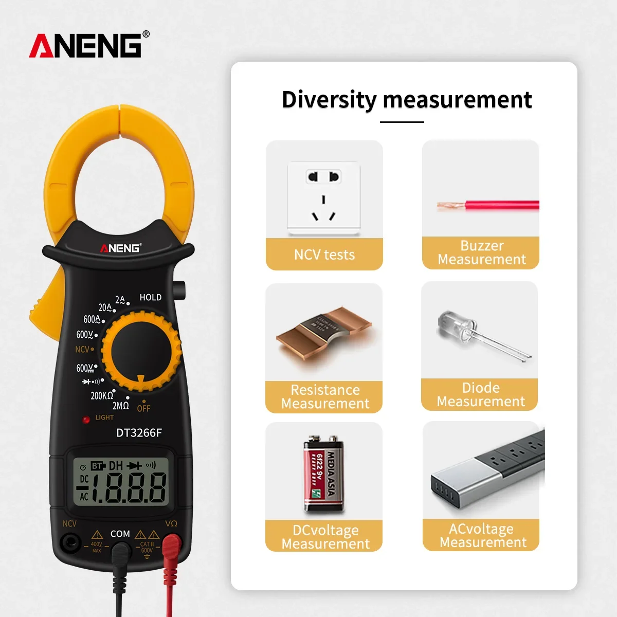 ANENG DT3266F Mini Digital Clamp Multimeter Amperemeter Electrical Clamp Meter AC / DC Voltage Resistor Diode Tester with Buzzer