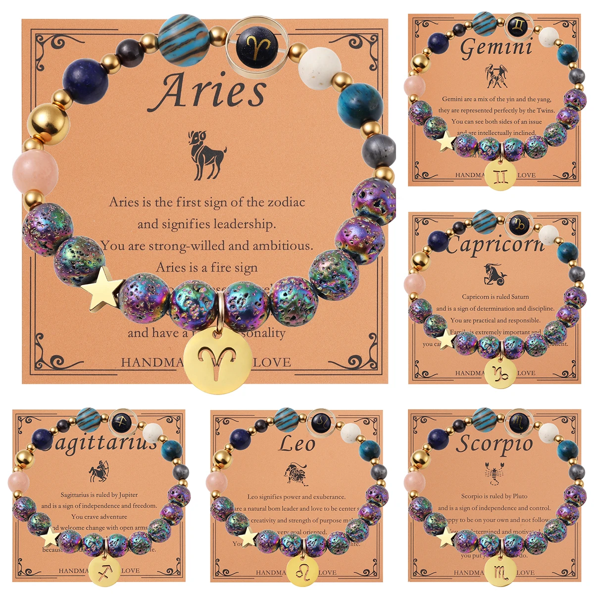 

12 zodiac signs Bracelet Natural Stone Bead Men's and Women's Bracelet Healing Crystal Lava Stone Bead Charm Birthday Gift