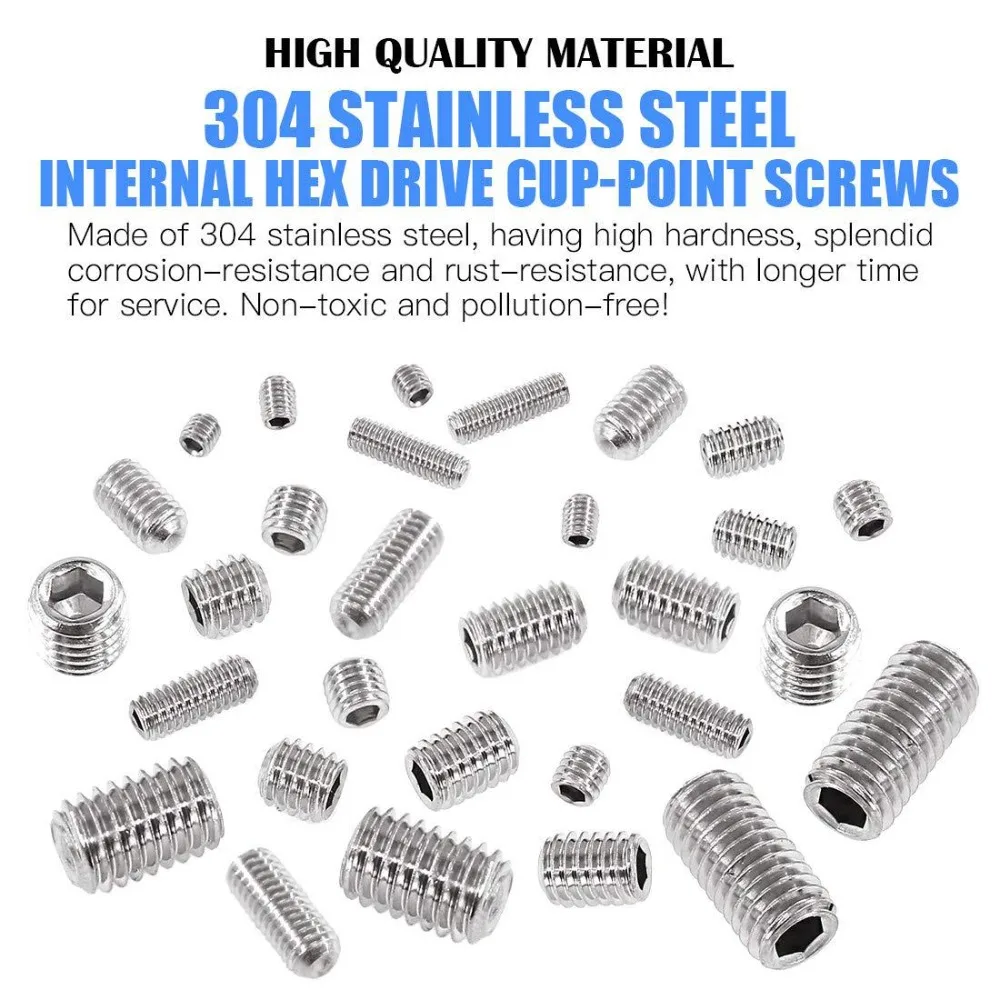 

420pcs M3 M4 M5 M6 M8 Metric Hex Socket Head Cup Point Set Screws Allen Head Grub Screw Internal Hex Drive Headless Set Screws
