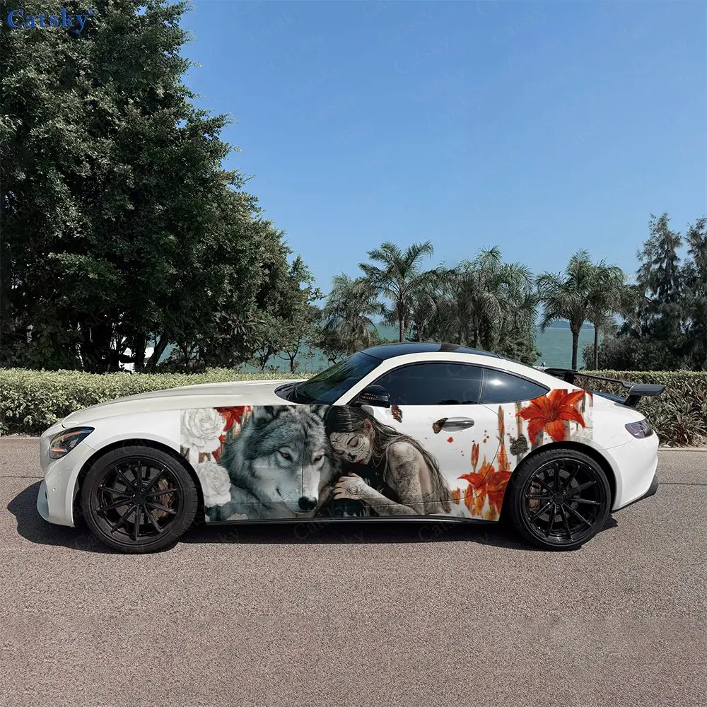 2pcs.Wolf & Girl Symbiosis Calming Car Side Wraps, Self-Adhesive PVC Waterproof & Scratch-Resistant Stickers, Car Accessory Gift