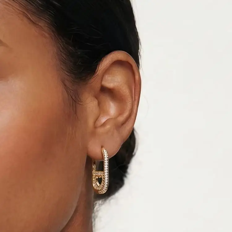 

925 Sterling Silver Original Golden Earring For Women U Shape Heart Sparkling Hoop Earring Female Jewelry Gift