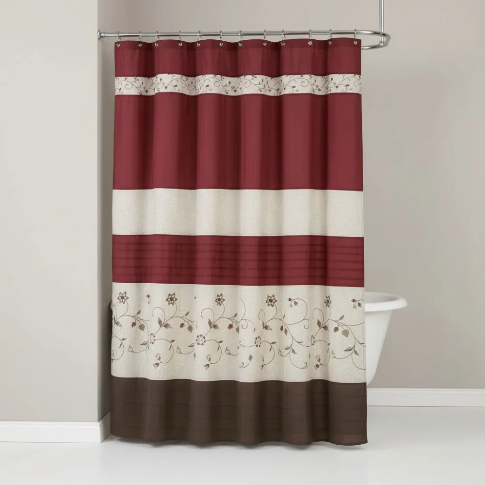 

Elegant Floral Embroidered Shower Curtain, Red Faux Silk Bathroom Decor, 72x72 Inches with Pintucked Detailing