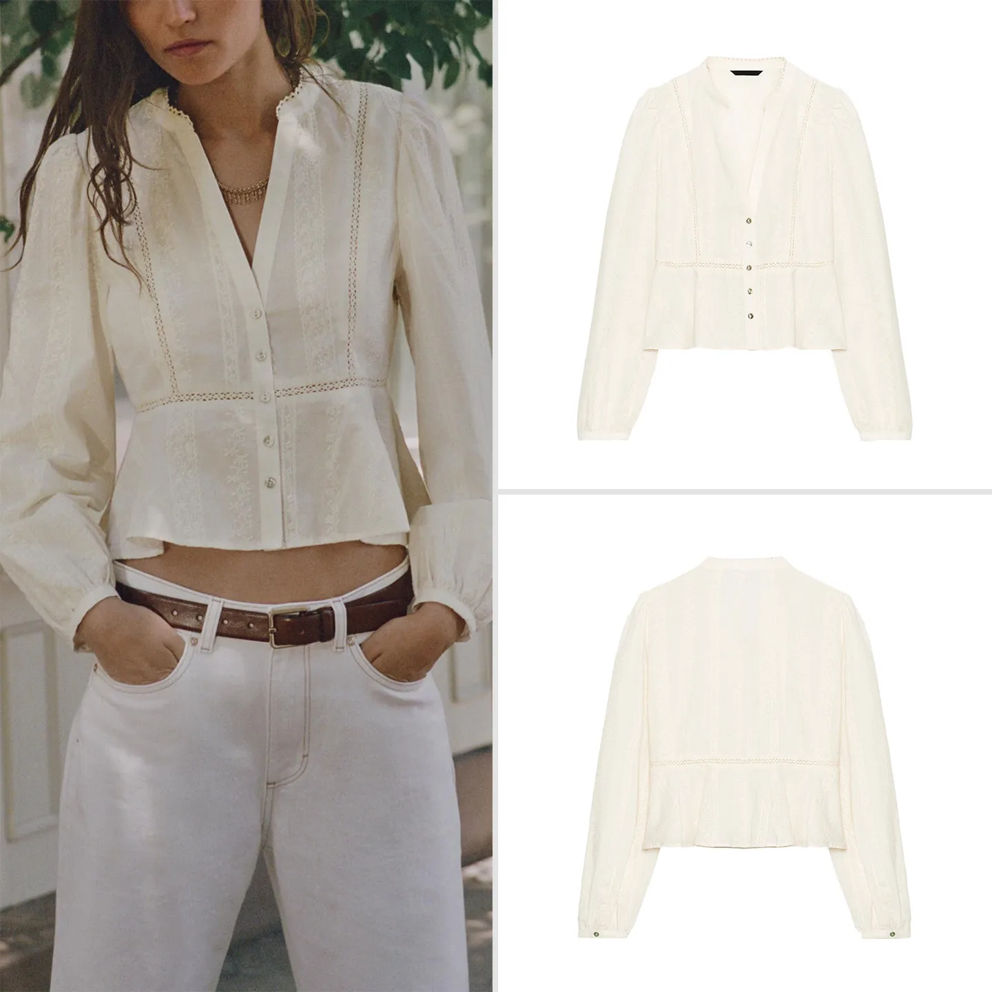 Fashionable Long Sleeve V-Neck Embroidered Shirt Romantic Style Women's Shirt ZADATA Autumn 2026 Collection Short Length