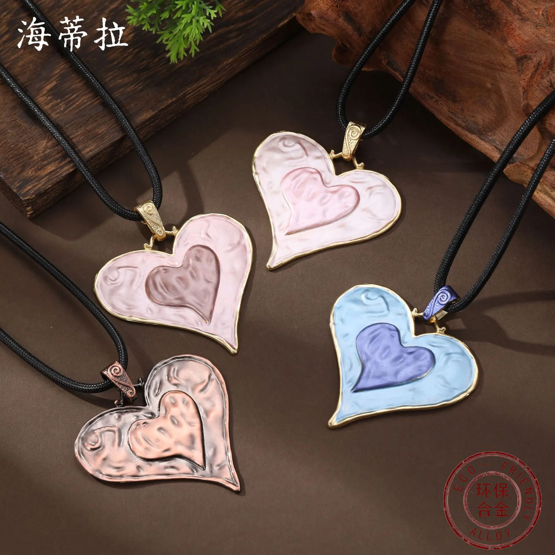 DIY accessories enamel love leather rope long pendant women exaggerated color heart-shaped versatile long necklace wholesale
