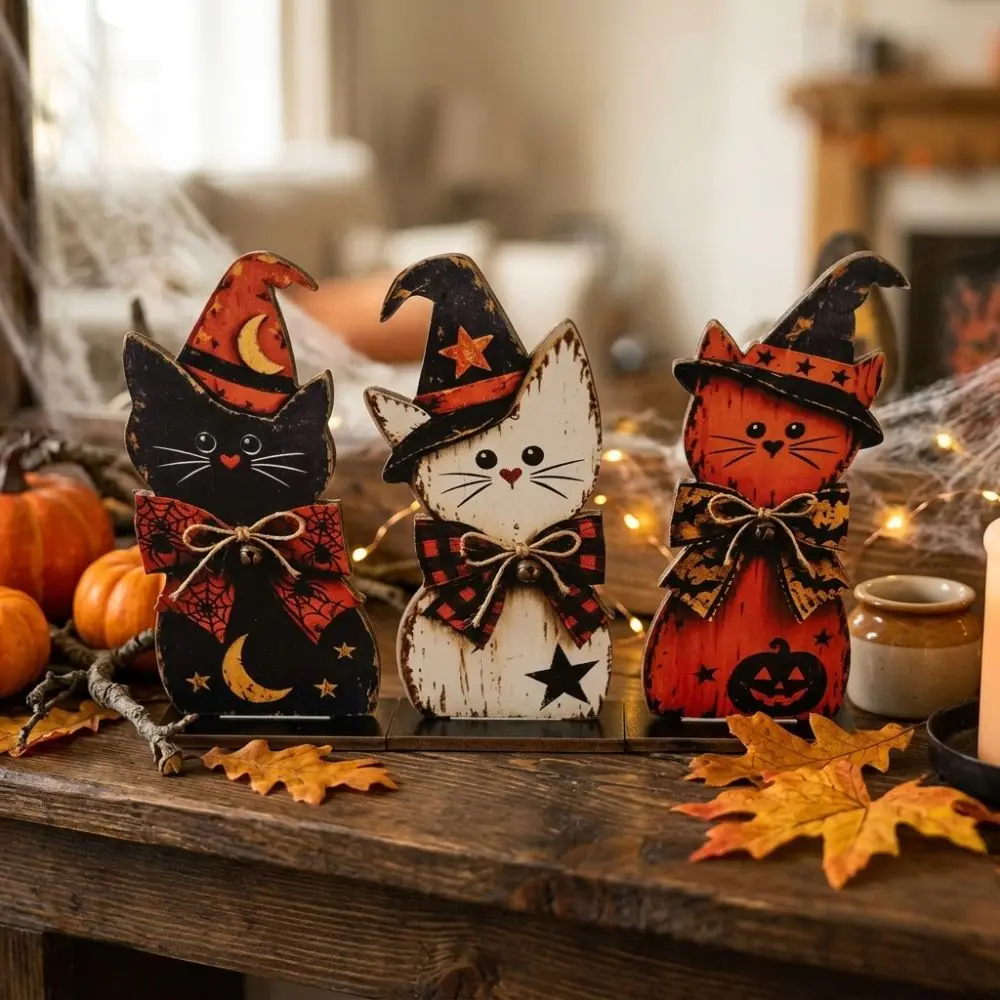 3Pcs Thickened 2D Flat Wooden Halloween Witch Cat Set Autumn Plaid Bows Vintage Black Cat Tabletop Sign Stable Base Moon Star