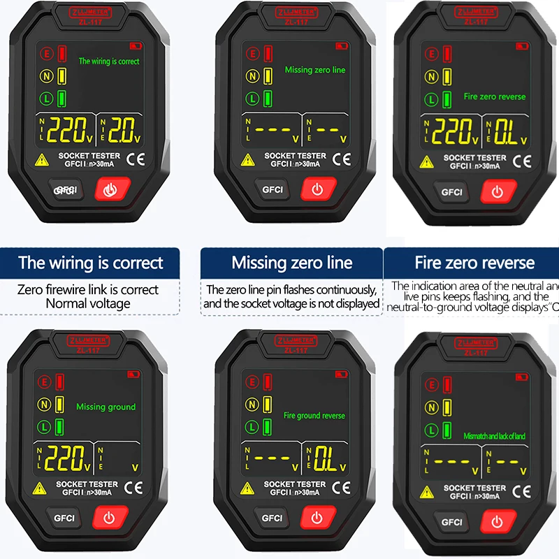 30mA RCD GFCI NCV EU US UK Digital Socket Tester Large Display Smart Outlet Checker Voltage Detector Plug Ground Zero Line Tool