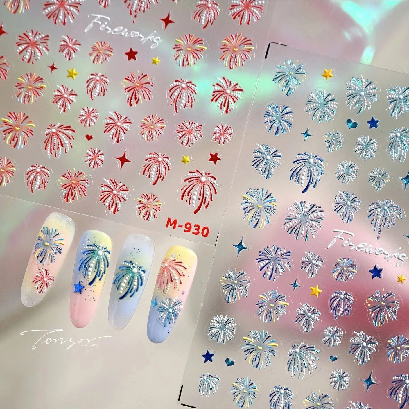 

Charm Firework Colorful Shiny Rocket Dreamy Stars Love Heart Laser Pyrotechnics Blue Red Pink Nail Art Stickers Manicure Decals