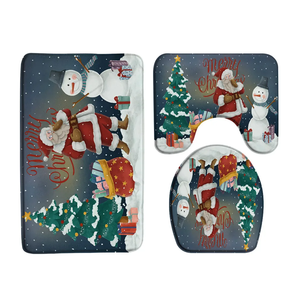 Santa Claus Reindeer Bath Mat Set Christmas Ornament Balls Winter Snowflake New Year Rug Bathroom Decor Carpet Toilet Lid Cover