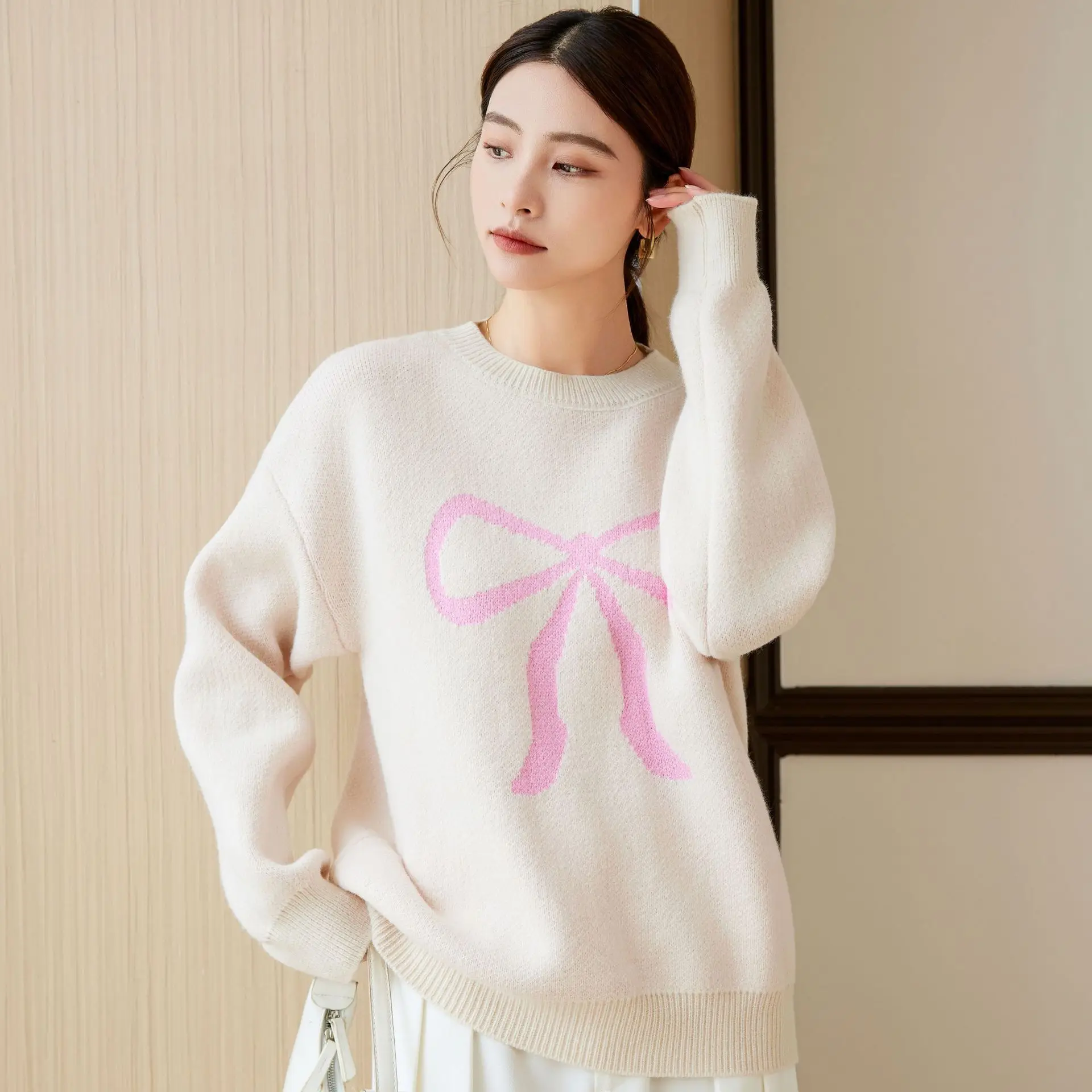 

Женский вязаный пуловер с бантом, свитер, осень/зима 2026, новый свитер с длинными рукавами и круглым вырезом