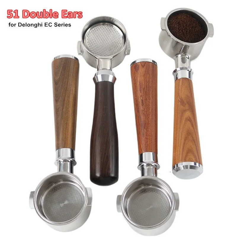 51mm Bodenloser Siebträger mit Filterkorb, Doppelgriffen und Premium-Holzgriff, Kompatibel mit Delonghi EC-Serie Espressomaschinen