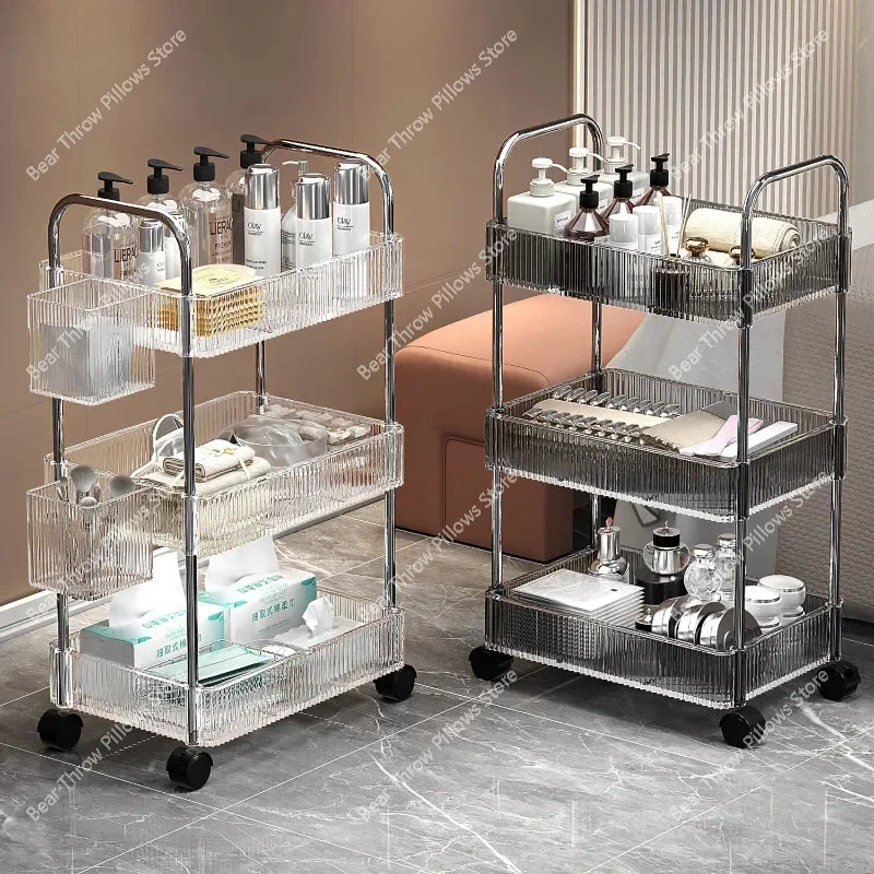 Nordic Acrylic Salon Trolleys Beauty Salon Special Tool Trolley Storage Rack Home Auxiliary Trolley with Wheels Salon Furniture