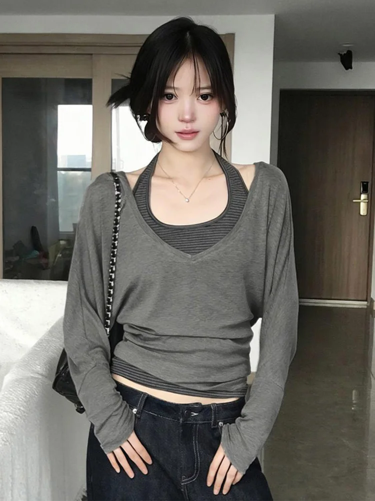 Hong Kong Style Chic V-Neck Striped Long Sleeve Vest Women's Summer New Two-Piece Set Sun Protection Loose Fit Comfortable T-...