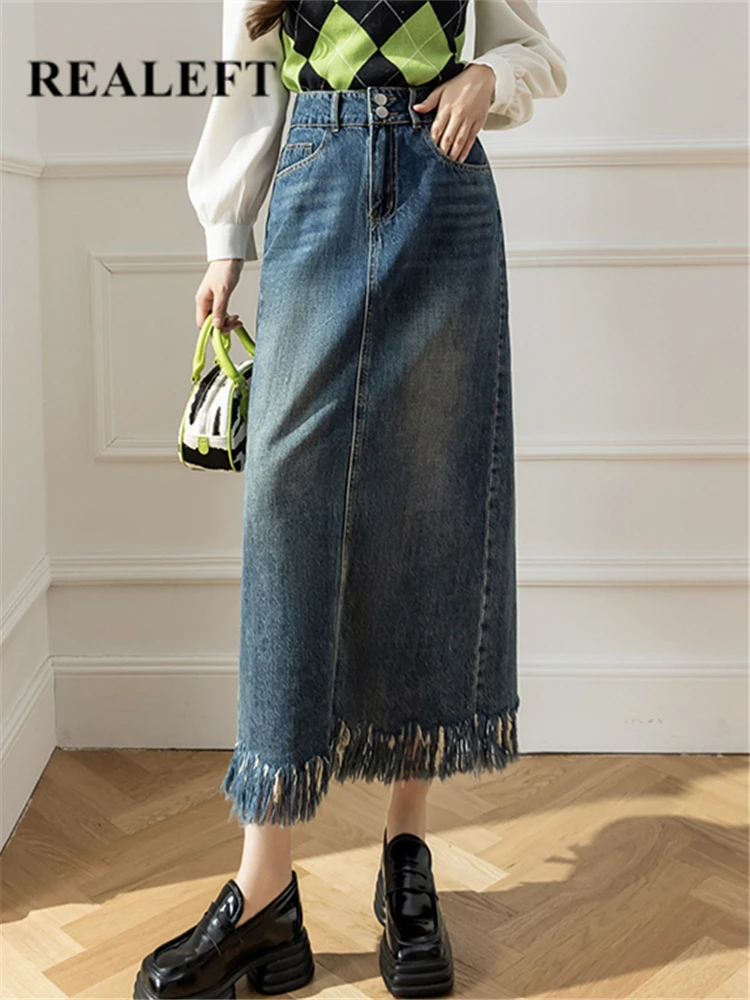 

REALEFT 2023 New Women's Denim Skirt Tassel Vintage High Wasit Jeans Skirt Female Straight Back Split A-Line Wrap Skirts Summer