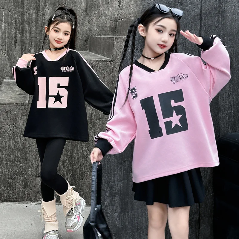 autumn cotton junior girls American sweatshirt 4 6 8 10 12 14 teen V-neck letter loose casual tops children clothes Sports shirt