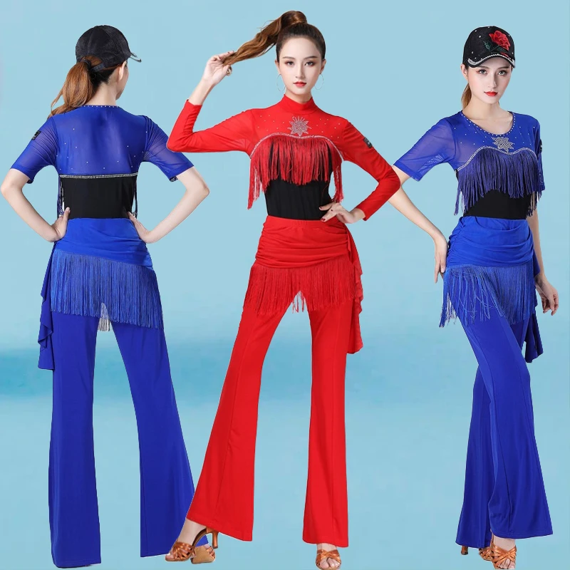 modern-square-dance-costume-set-women's-sailor-dance-tassel-top-with-diamond-performance-dancewear-high-waist-long-pants