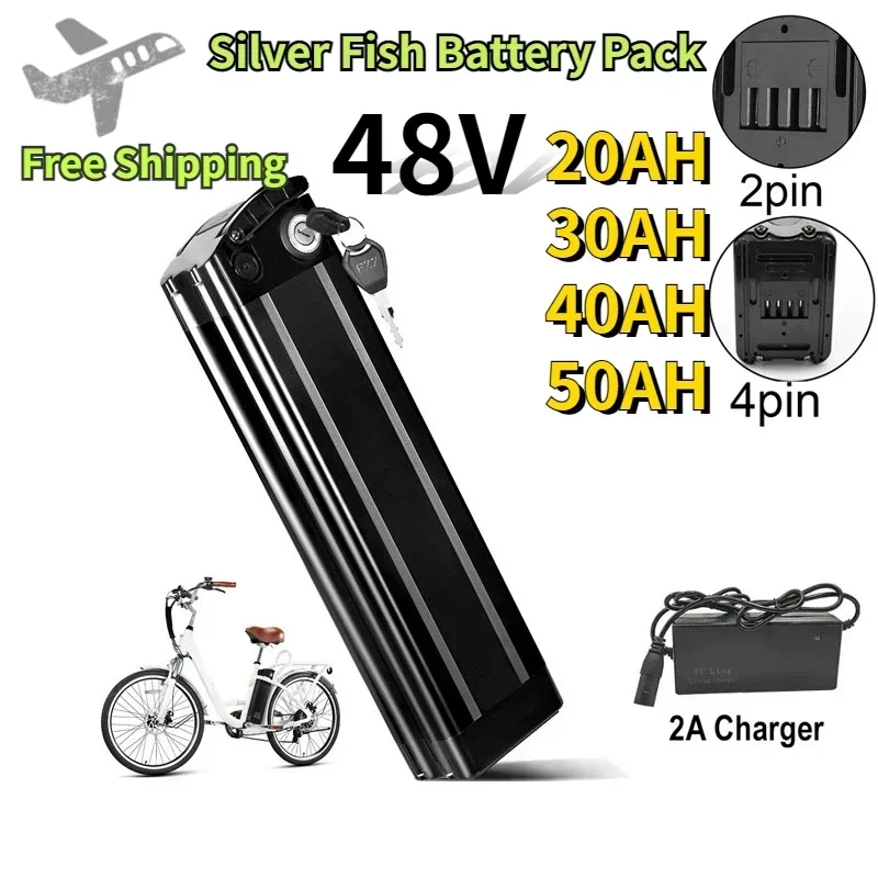 48V 20Ah-50AH Electric SilverFishBicycle Battery 48V Lithium Battery Aluminum Shell Anti-theft LockComes with Charger As A Gift