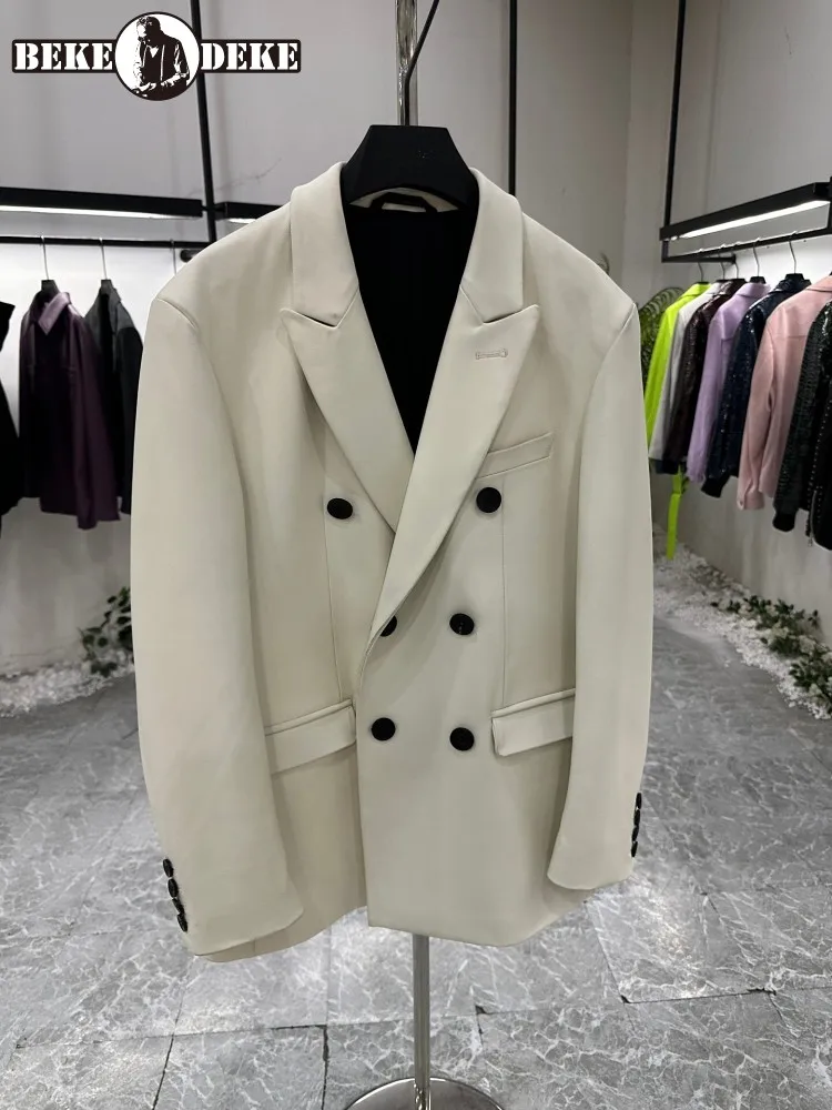 Designer High Quality Genuine Leather Suit Jacket Men Double Breasted Fashion Gentleman Elegant Natural Sheepskin Blazers Coat