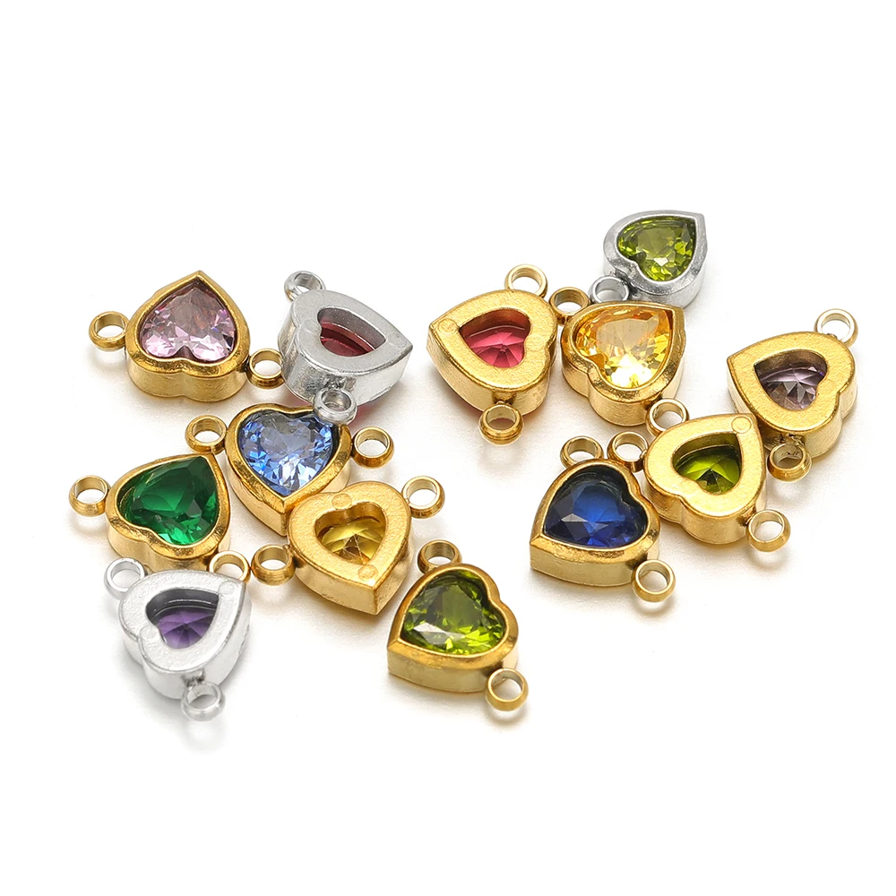 10pcs Birthstone Charms Stainless Steel Heart Zircon Pendants DIY Fashion Jewelry Earrings Necklaces Bracelets Making Decoration
