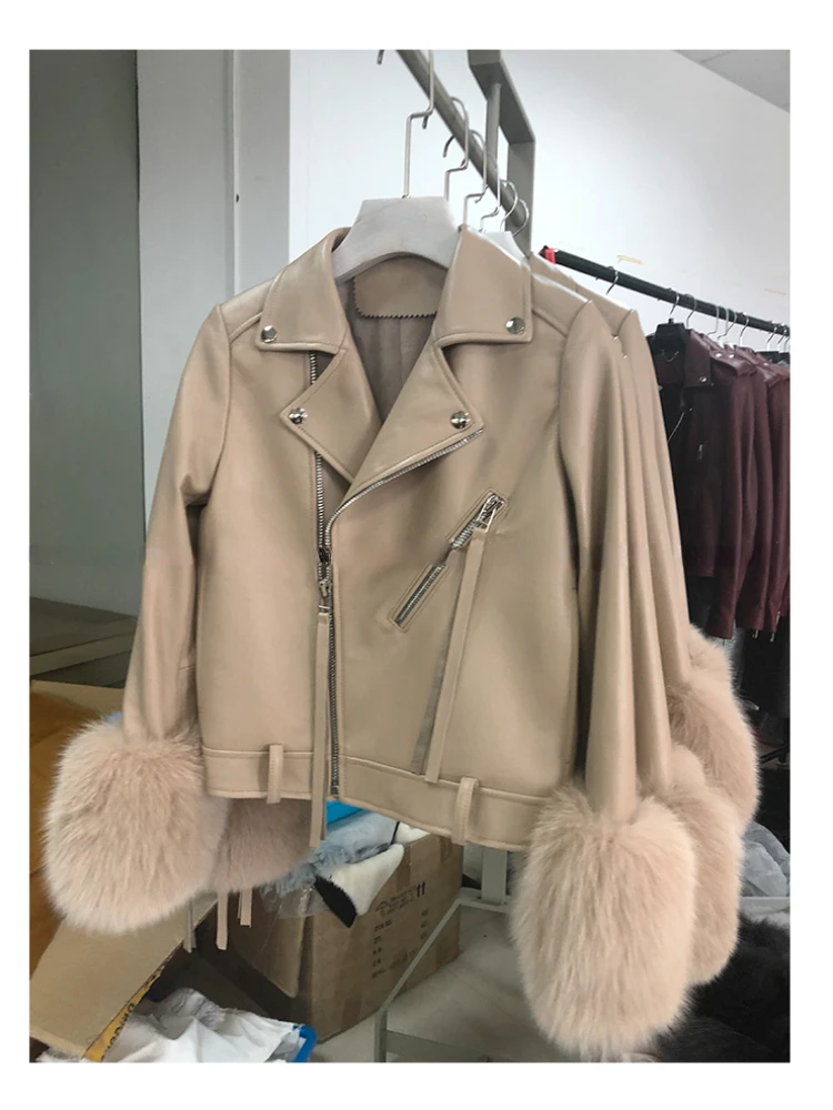 

MENINA BONITA New Winter Locomotive Sheep Skin Genuine Leather Jacket Women Female Slim Leisure Lapel Coat Real Fox Fur Sleeves