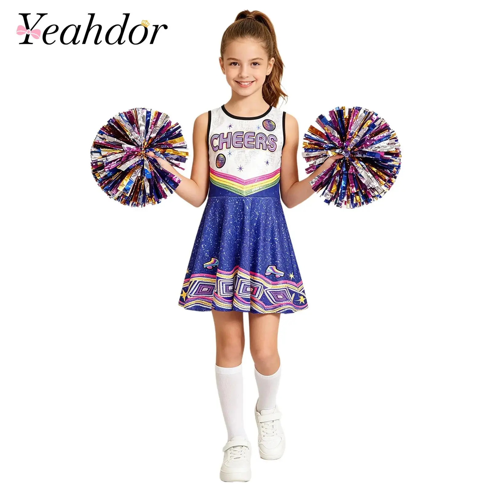 Kids Girls Sleeveless Cheerleader Costume School Students Cheerleading Dance Uniform Dress for Stage Performance Competitions