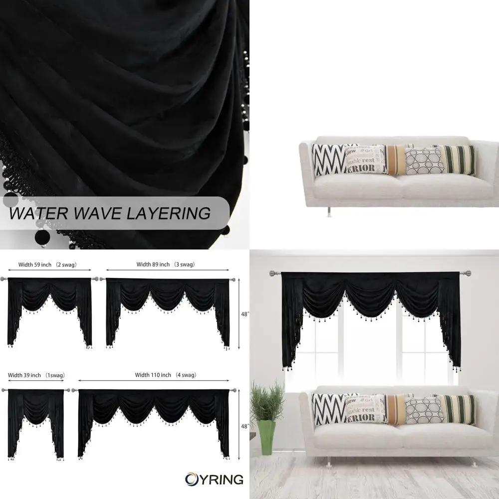

Black Velvet Rod Pocket Valance Curtain with Beaded Waterfall Design for Living Room and Bedroom (89 Wide, 1 Panel)