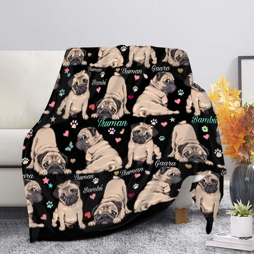 Pug Dog Flannel Blanket Cute Animal Print Soft Cozy Warm Throw Blanket Bed Sofa Nap Knee Blankets Home Bedding Christmas Gifts