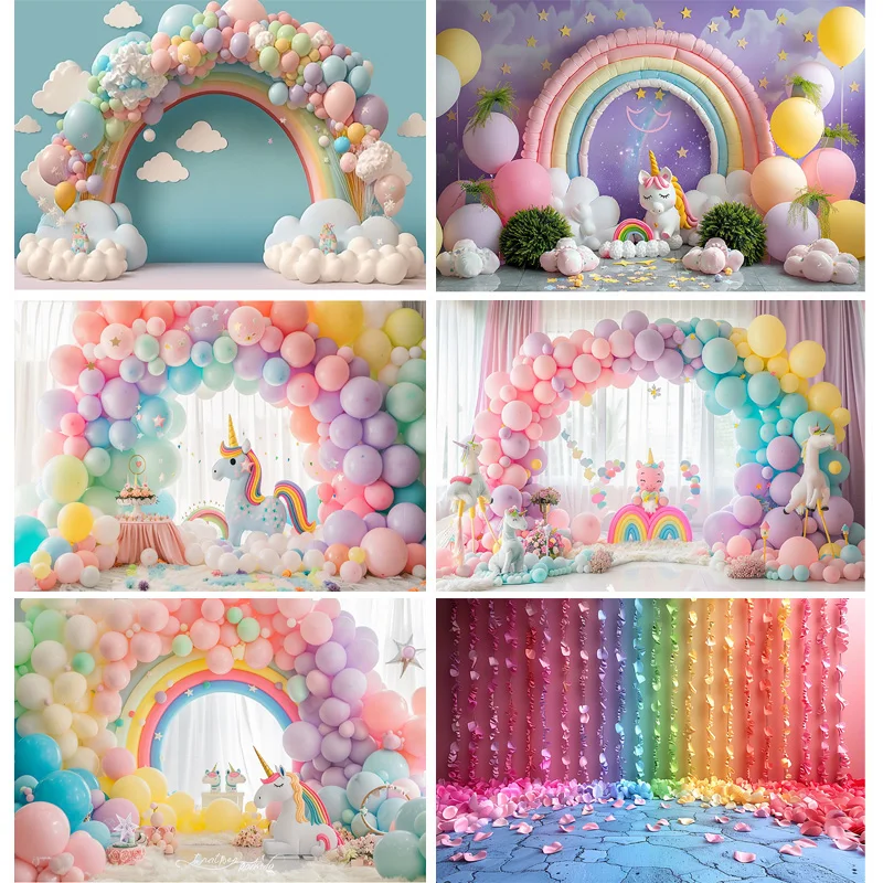 Castle Fairy Tale Candy Rainbow Balloons Arch Photography Backdrops Props Newborn Birthday Party Decoration Background A-07