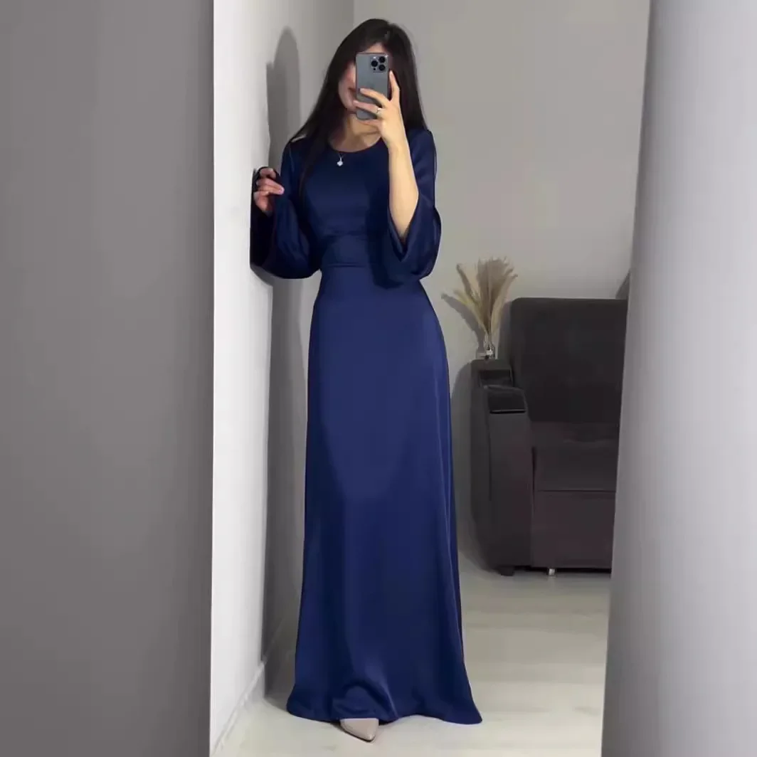 Abaya-Robe en Satin à Manches sulfpour Femme, Bretelles de Taille, Couleur Unie, Mode Décontractée, Col Rond, Évasée, Nouvelle Collection