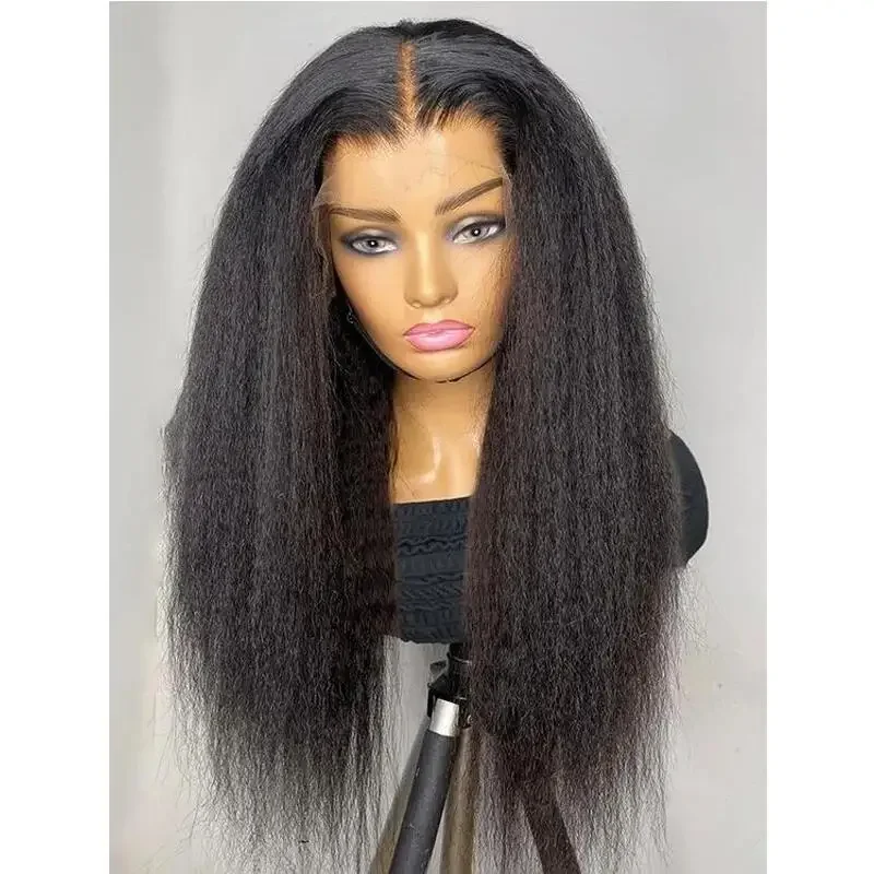 

Natural Black Long Yaki Kinky Straight Soft 30 '' 180 Density Lace Front Wig Preplucked Glueless For Women With BabyHair Daily