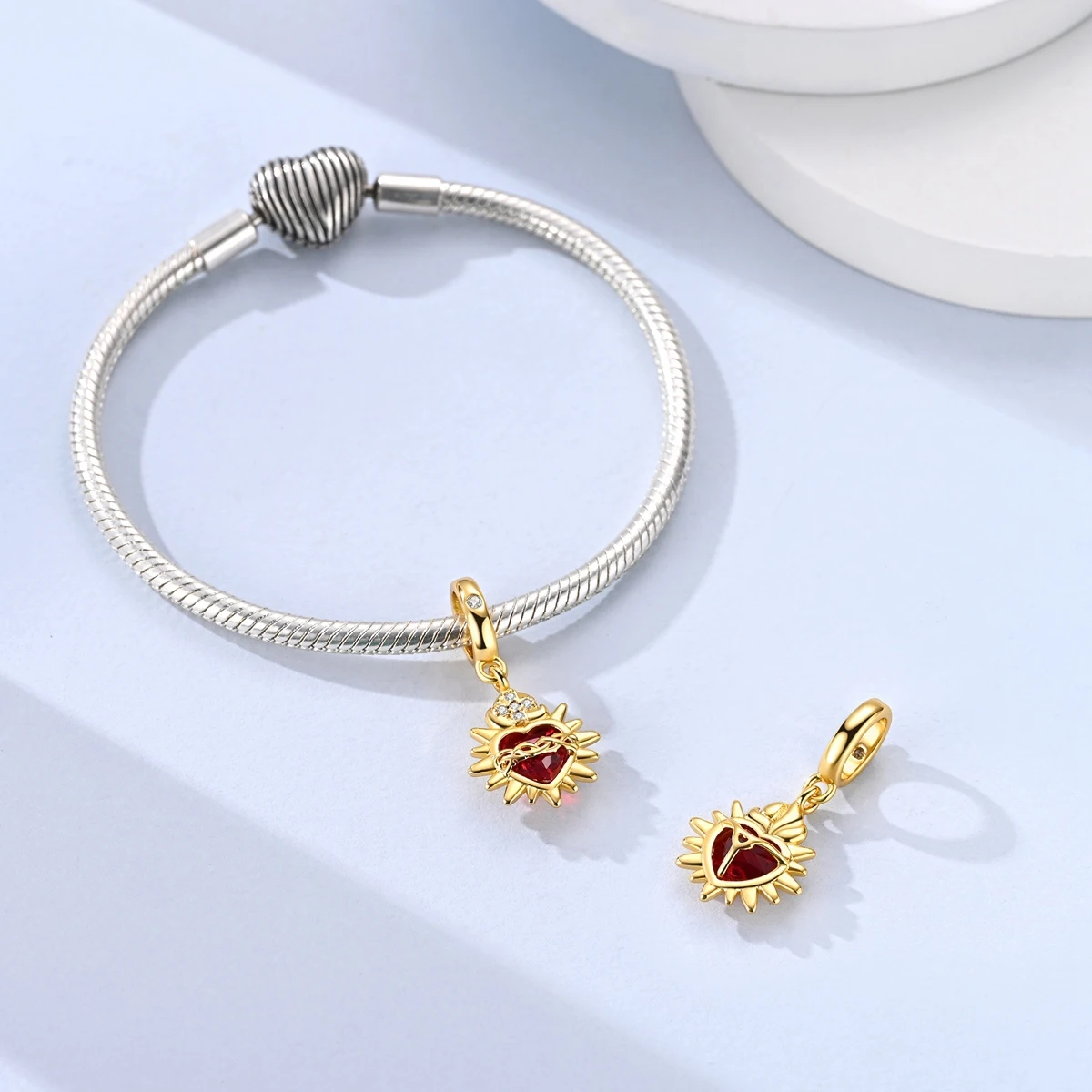 925 Sterling Silver Gold Sacred Heart Dangle Charm Pendant Red CZ Religious Amulet Fit Bracelets Necklaces Women DIY Jewelry