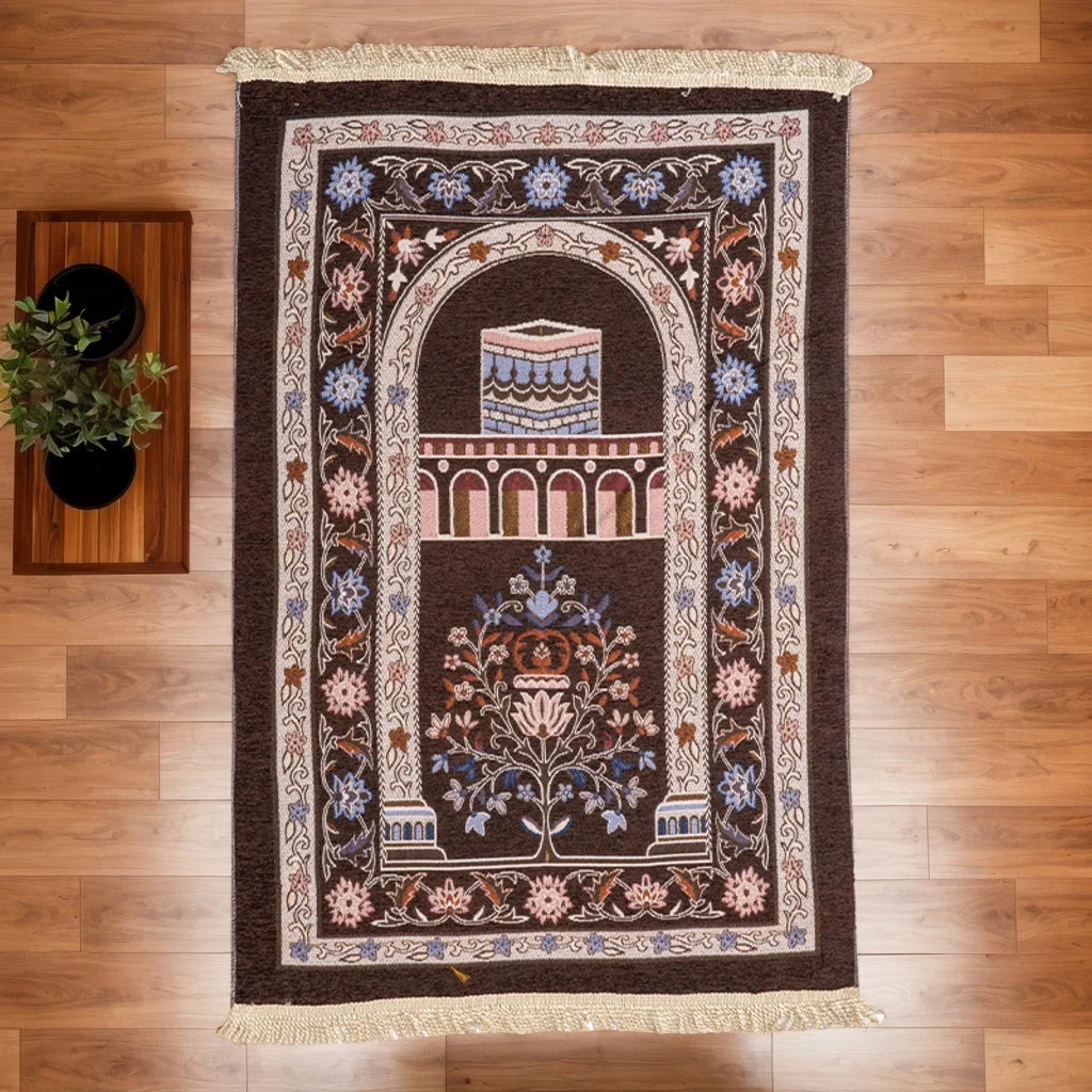 Ramadan Prayer Rug - Chenille Hajj Mat - Foldable & Machine Washable - Islamic Prayer Carpet