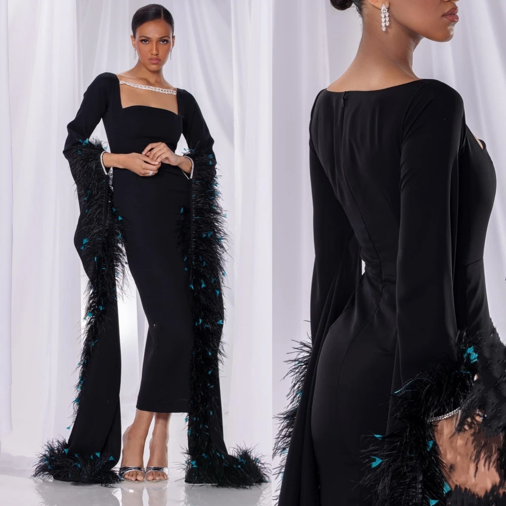 

Customized Evening Prom Jersey Feather Cocktail Party A-line Square Neck Bespoke Occasion Gown Midi es