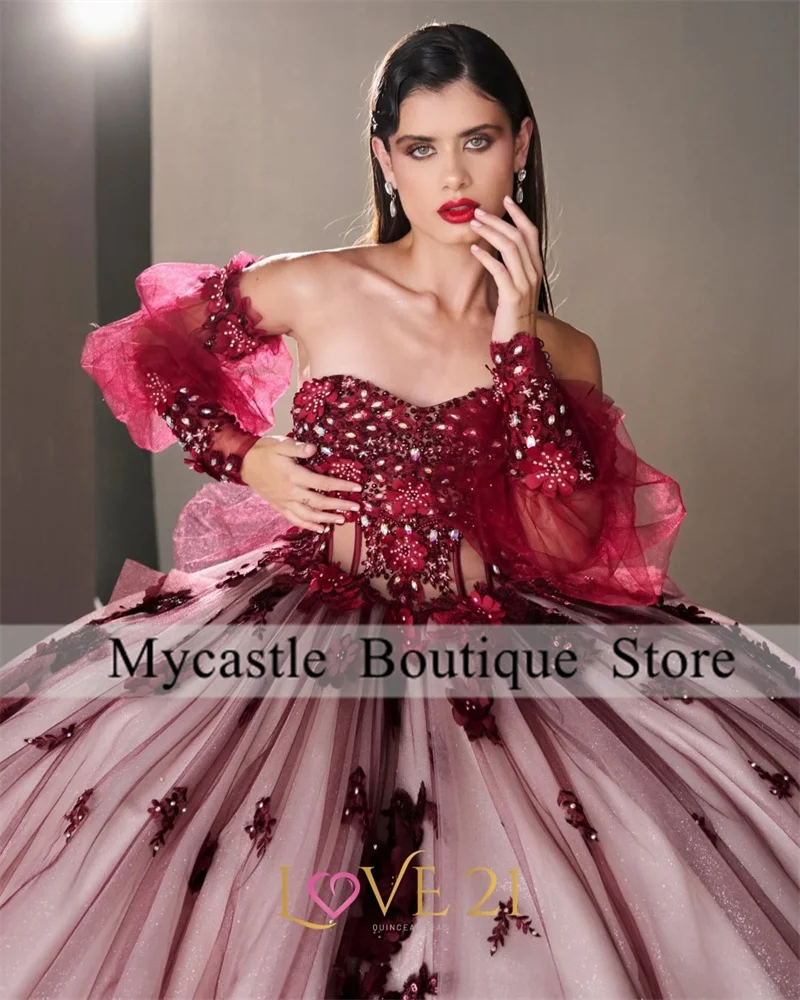 تول أحمر لامعة فساتين Quinceanera قبالة الكتف الكرة ثوب الحلو 16 فستان الديكور زين الدانتيل فستان حفلة عيد ميلاد مخصص