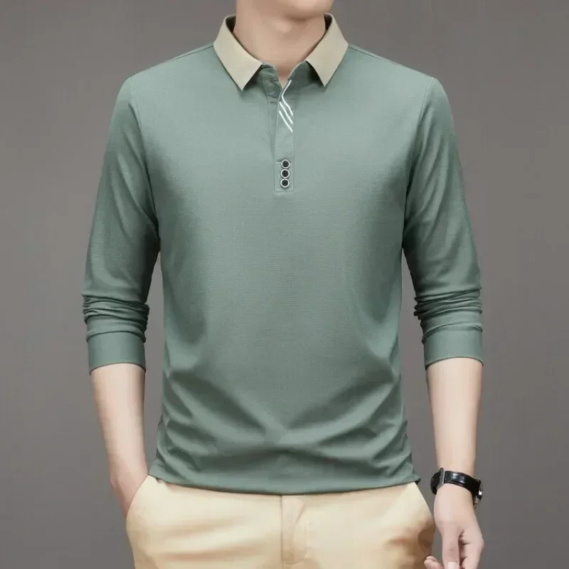 Men's Long Sleeve Turn-down Collar Waffle T-shirt Business Casual Polo Shirt Tee image 3