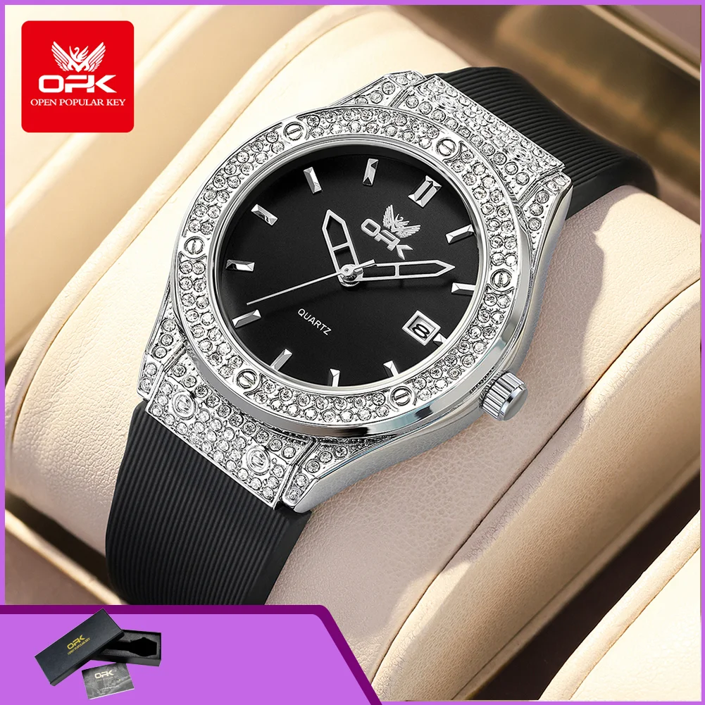 OPK 6067 Fashion Women's Quartz Wristwatch Diamond Bezel Auto Date Waterproof Silicone Strap Elegant Luxury Ladies Watches
