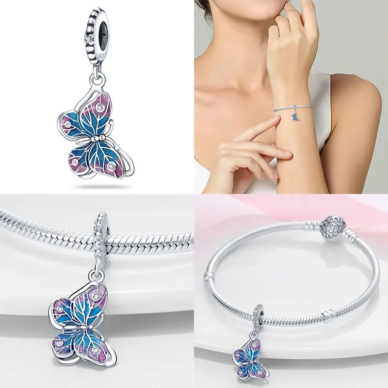 Dijes aptos para pulseras originales Pandora, cuentas de plata 100% 925 con forma de mariposa luminosa, fabricación de joyería DIY para regalo de mujer