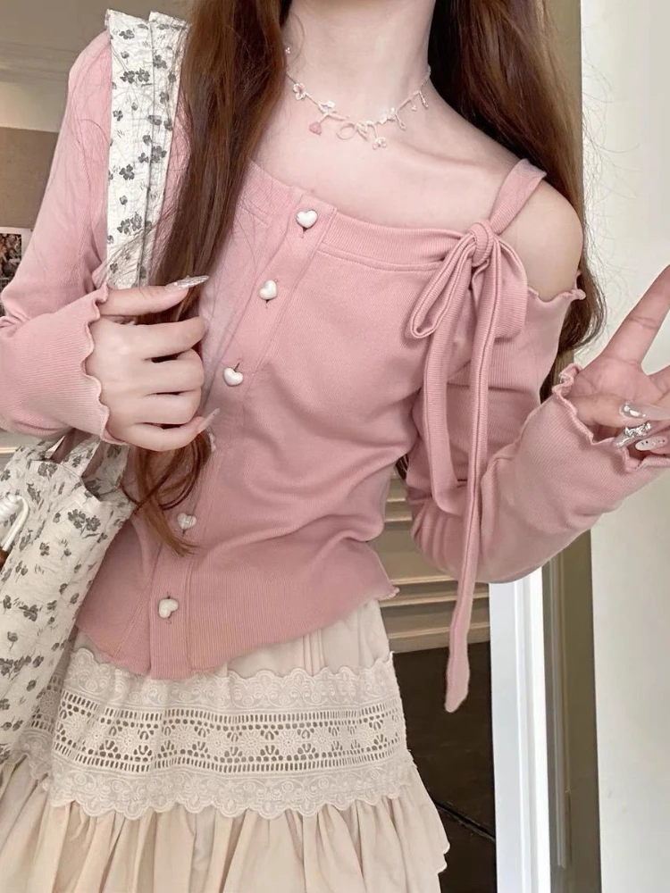 

QWEEK Y2k Off Shoulder Sweet Kawaii T Shirt Women Lace Up Grunge Pink Long Sleeve Cardigan 2024 Autumn Fashion