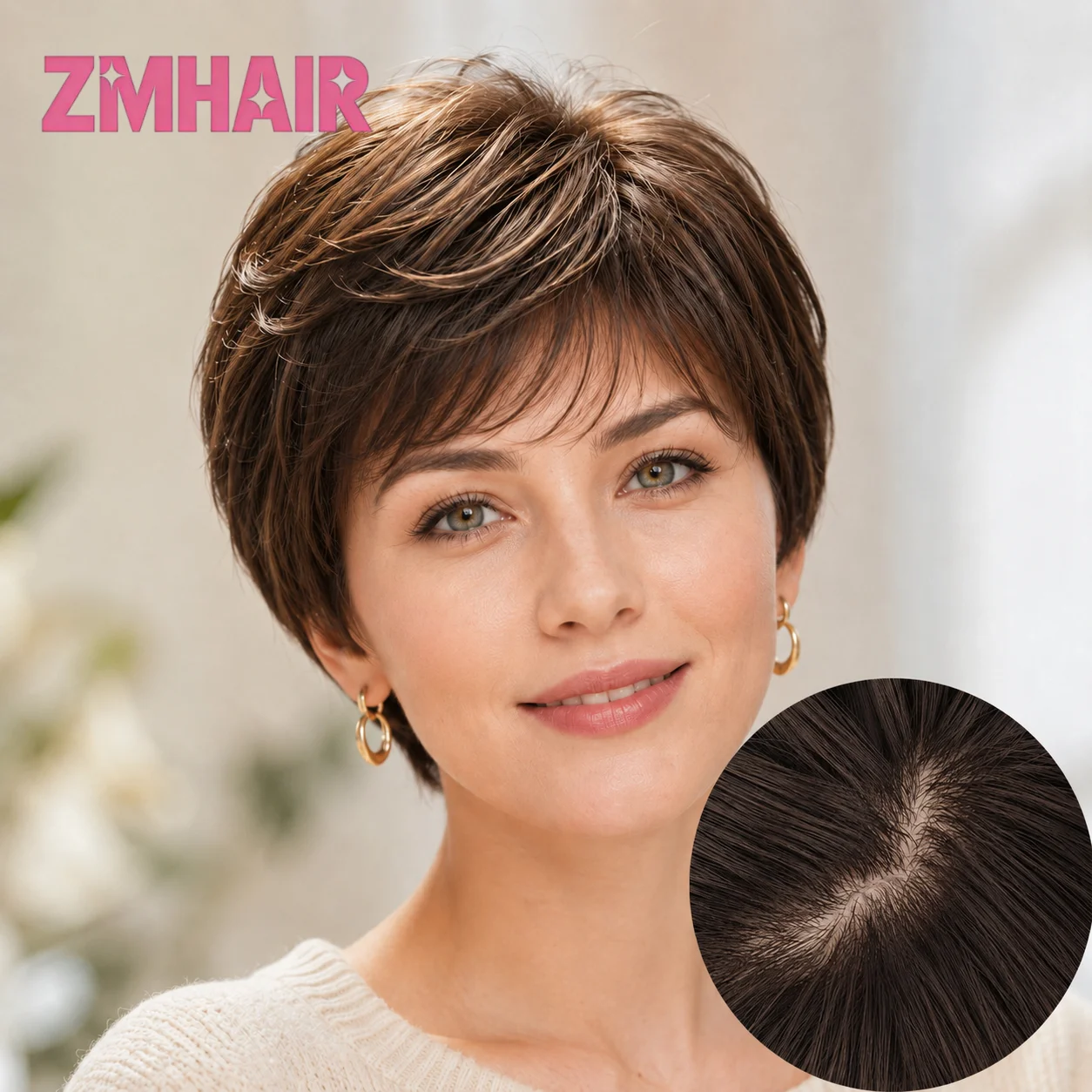 100% Premium Silk Base Pixie Cut Human Hair Wig Realistic Hairline Natural 4#Brown Short Real Hair Wigs Comfortable Glueless Cap