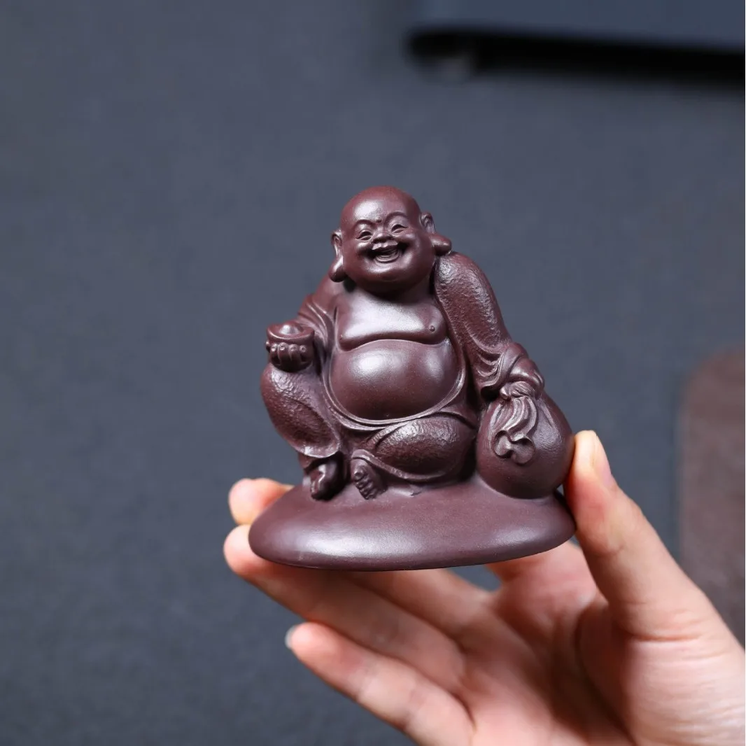 Purple Clay Pet Maitreya Buddha, Collectible Table Ornament, Handcrafted By A Famous Artist, Exquisite Laughing Buddha Figurine,