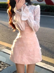 Autumn Korean Fashion Sweet 2 Piece Sets White Long-sleeved Lace  Top + Pink Slim Strap Skirt New Kawaii Aesthetic Suits Women