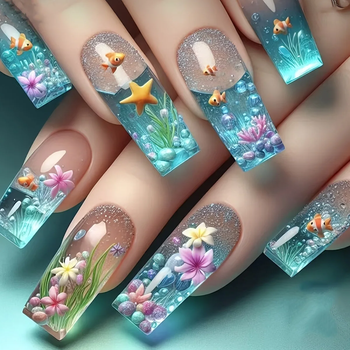 Flower Press on Nails 3d Press on Nails Fish Sea Press on Nails Seashell Fake Nails Ballet Tips False Nails Press on Gradient