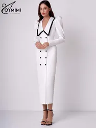 Oymimi Elegant White Patchwork Dresses For Women Fashion Wrist Sleeve Double Breasted Pencil Dresses Casual Slim Mid-Calf Dress