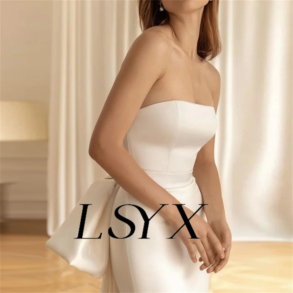 LSYX Simple Strapless Sleeveless Cut Out Satin Mermaid Wedding Dress Lace Up Back Bow Mid-Calf Bridal Gown Custom Made