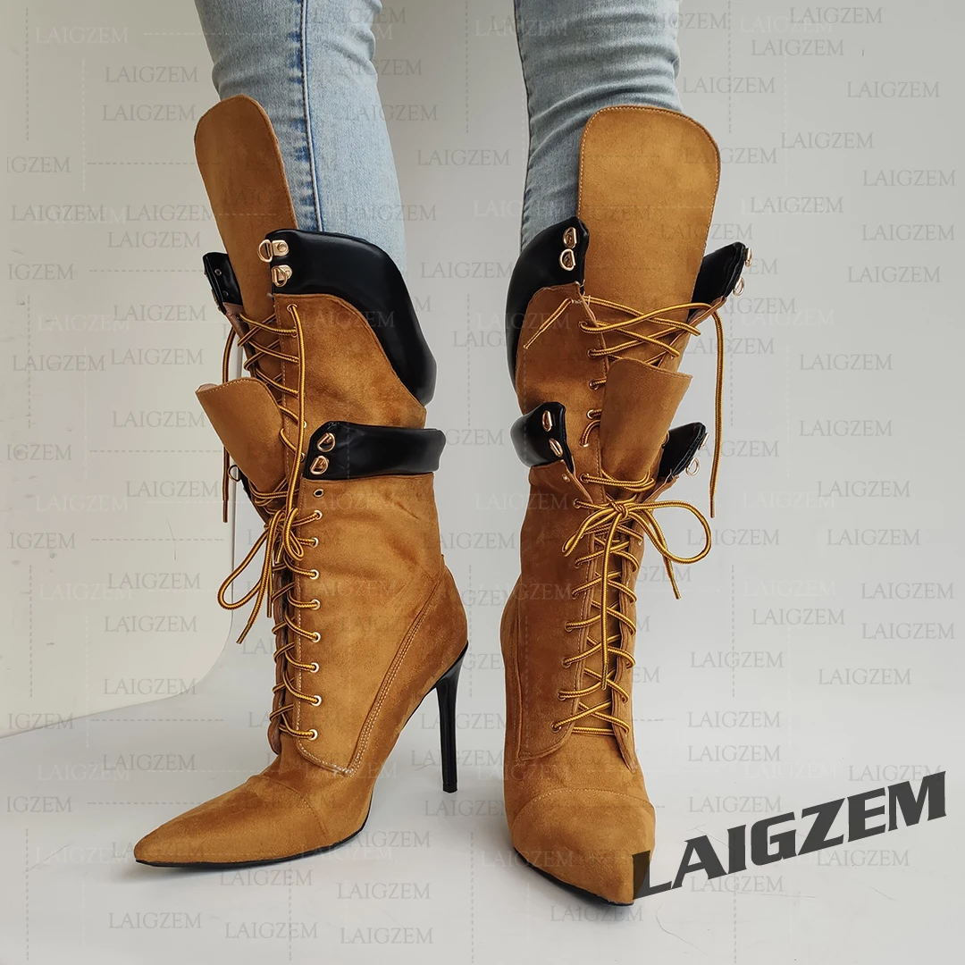 

BERZIMER Women Calf Boots Pointed Toe Faux Suede Lace Up Thin High Heels Boots Handmade Ladies Shoes Woman Big Size 41 42 47