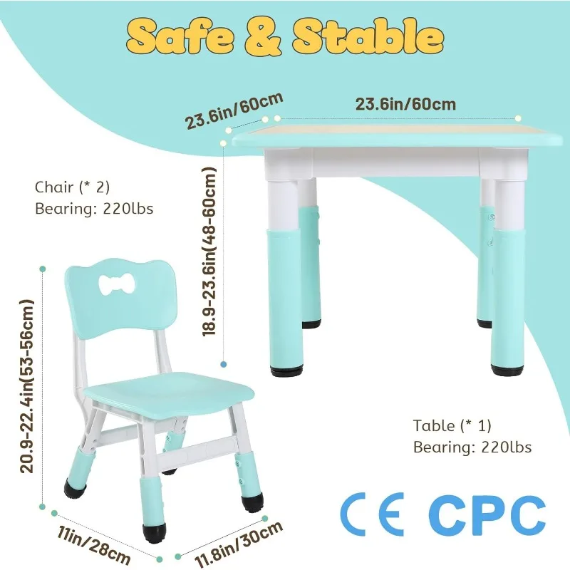 Набор детских столов и 2 стула, регулируемый по высоте стол и стулья для малышей возрастом 3-8 лет, легко чистить стол для декоративно-прикладного искусства
