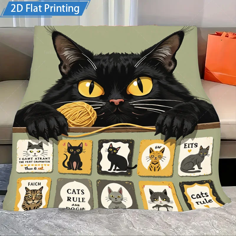

1pc Flannel Blanket Cute Black Cat Print Blanket Soft Flannel Throw Pet Lover Home Decor Cozy Bedding for Cat Lovers