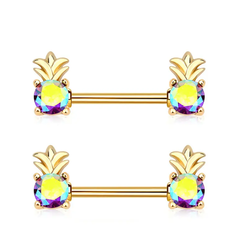 12pcs/Lot Trendy Rainbow CZ Pineapple Nipple Shiled Ring Flesh Stainless Steel Straight Rod High Quality Body Jewelry